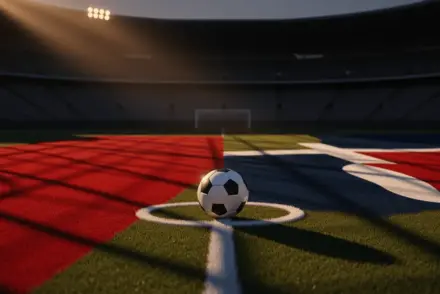 Evening stadium pitch with red-white and blue-red colour blocking, match ball in penalty arc, dramatic floodlight shadows.