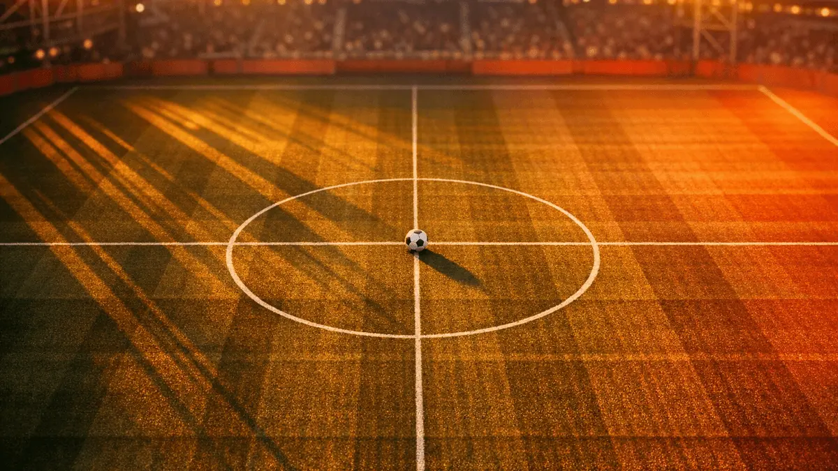 Aerial view of floodlit football pitch at golden hour with match ball on centre spot, red and gold lighting.