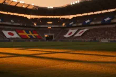 Empty international football stadium at dusk with floodlights, geometric shadows, and Japan/Sweden flag colours on stands.