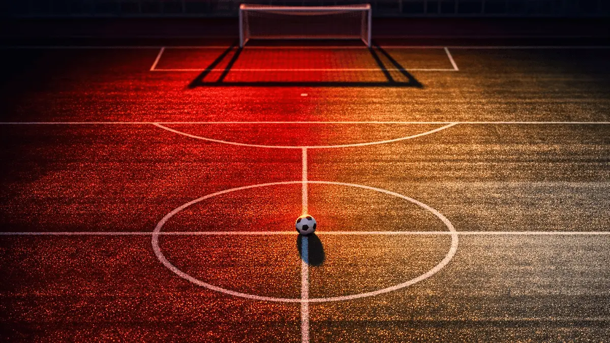 Aerial view of floodlit pitch at sunset with match ball on centre spot, crimson and white lighting, sharp shadows.