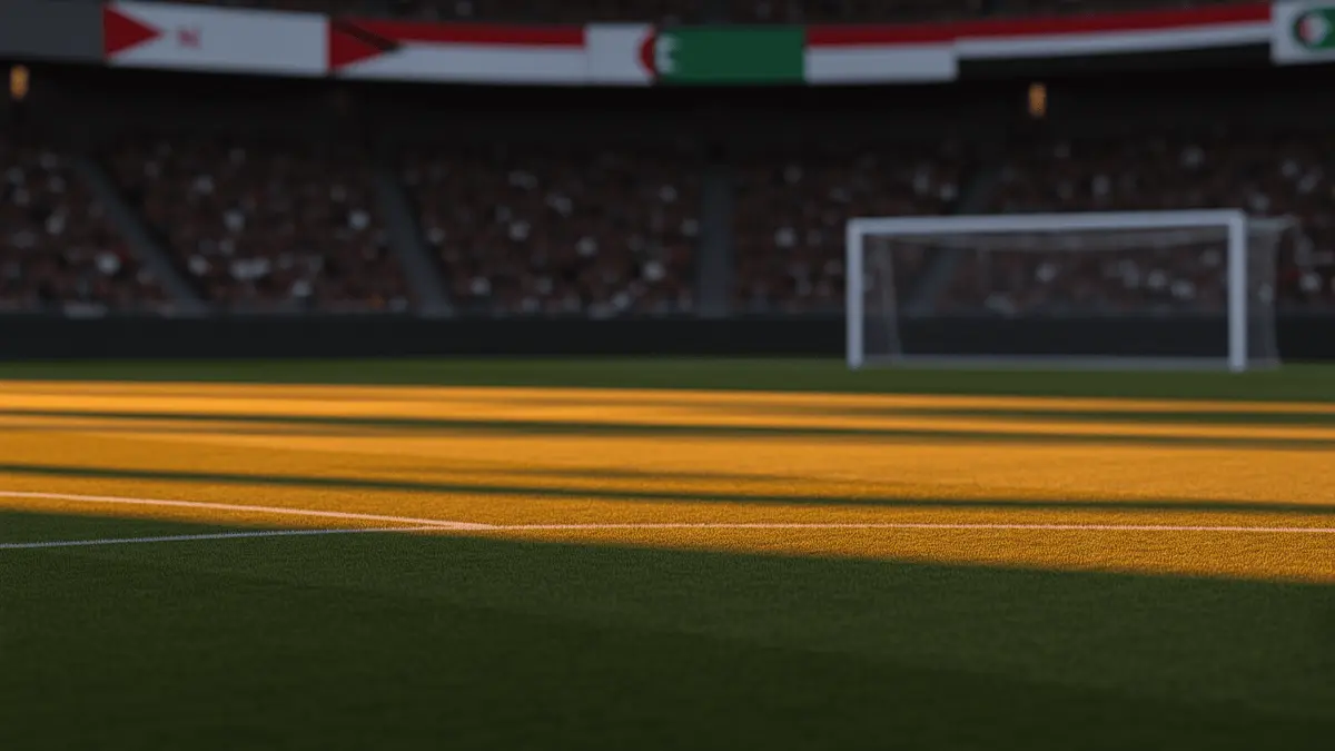 Empty floodlit stadium pitch at golden hour with packed stands and dramatic shadow patterns from goal structures.
