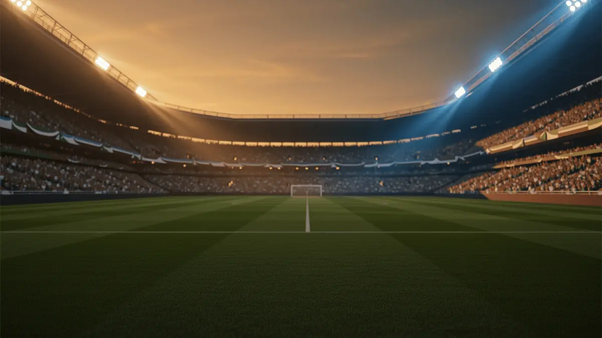 Empty floodlit stadium pitch at golden-hour with packed stands, dramatic shadows and atmospheric lighting for World Cup 2026.