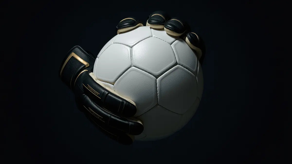 Goalkeeper hands gripping football in dramatic black and white lighting with gold accent detail