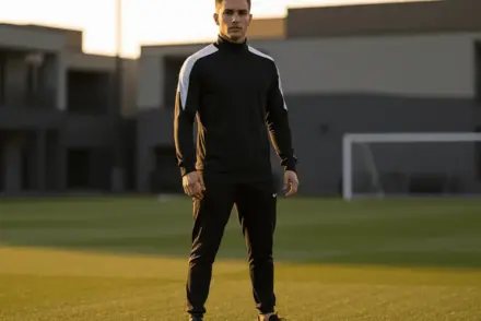 Young footballer in black and white training gear on professional pitch at golden hour