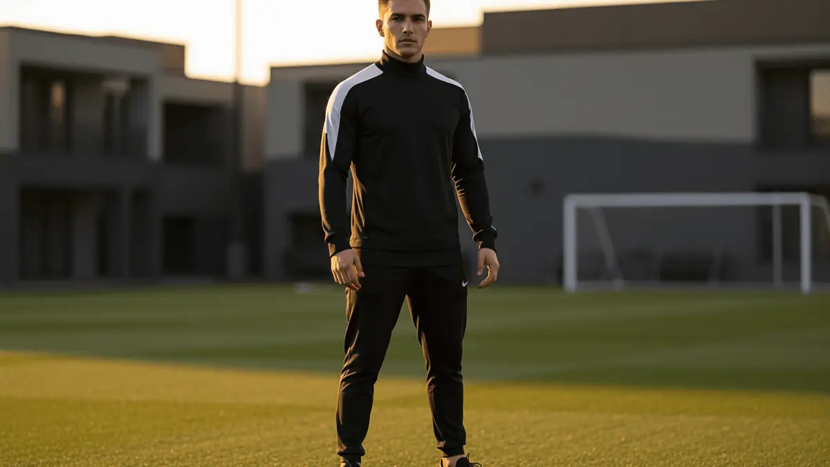 Young footballer in black and white training gear on professional pitch at golden hour
