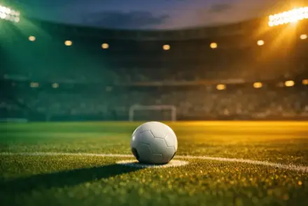 Penalty spot match ball under floodlights with dramatic shadows on empty stadium pitch at dusk