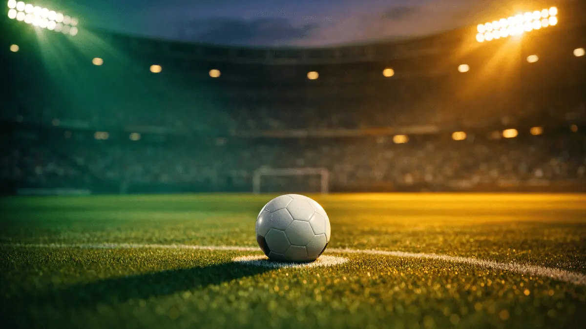 Penalty spot match ball under floodlights with dramatic shadows on empty stadium pitch at dusk