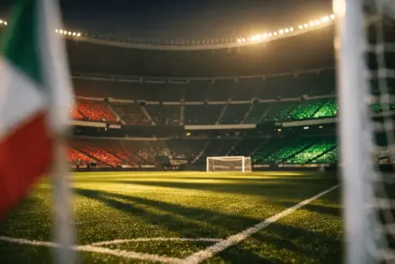 Empty floodlit stadium corner section with red-green colour accents, dramatic shadows on grass pitch, shallow depth of field.