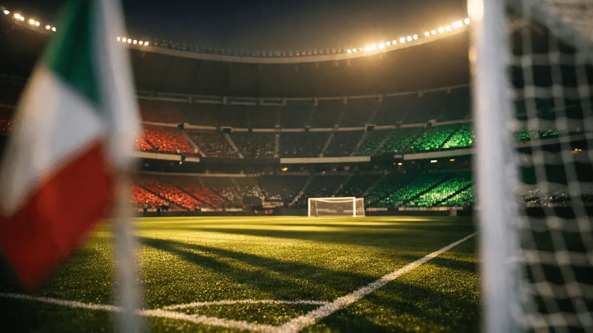 Empty floodlit stadium corner section with red-green colour accents, dramatic shadows on grass pitch, shallow depth of field.