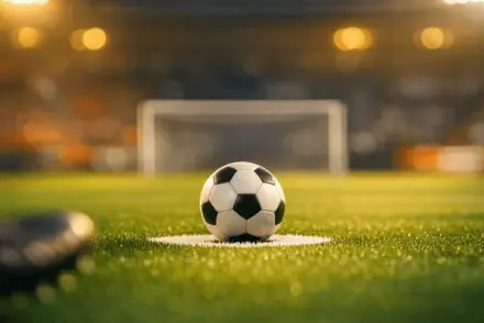 Floodlit football pitch at dusk with match ball on penalty spot, orange and blue ambient lighting, shallow depth of field.