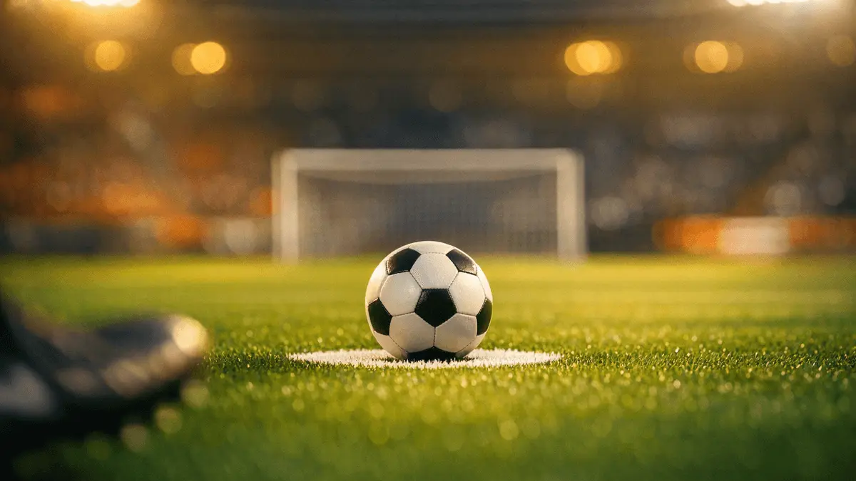 Floodlit football pitch at dusk with match ball on penalty spot, orange and blue ambient lighting, shallow depth of field.