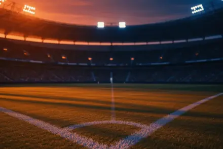 Floodlit stadium pitch at golden hour with orange and blue lighting, empty stands, cinematic shadows.