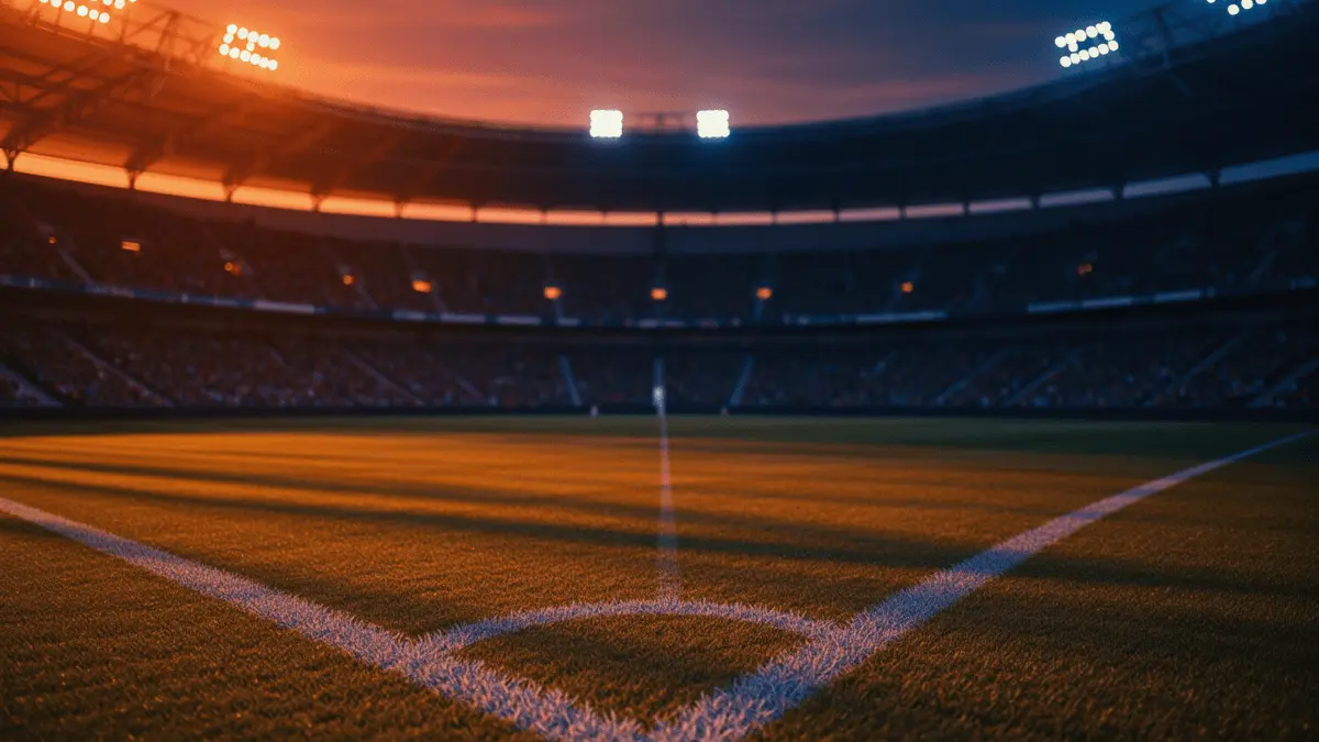 Floodlit stadium pitch at golden hour with orange and blue lighting, empty stands, cinematic shadows.