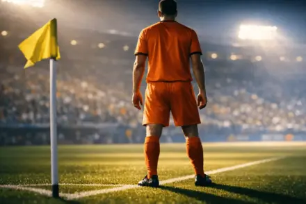 Footballer in orange kit on floodlit pitch corner under evening stadium lights with dramatic shadow patterns.
