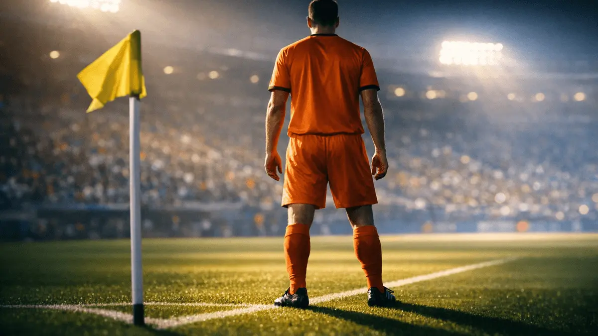 Footballer in orange kit on floodlit pitch corner under evening stadium lights with dramatic shadow patterns.
