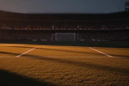 Floodlit stadium pitch at golden hour with packed stands, long shadow patterns, and cinematic colour grading.