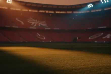 Floodlit stadium pitch at sunset with golden-hour lighting, dramatic shadows, empty field ready for match.