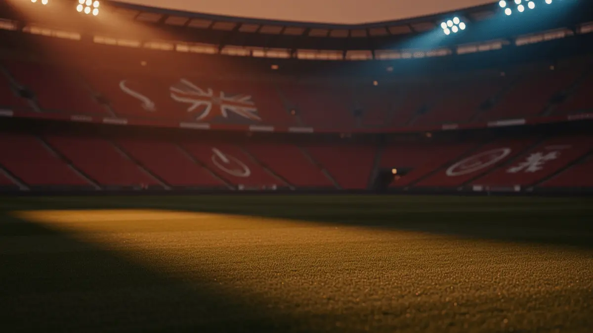 Floodlit stadium pitch at sunset with golden-hour lighting, dramatic shadows, empty field ready for match.