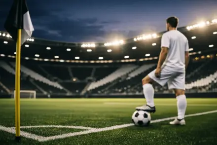 Floodlit stadium corner with white-kit footballer and ball, black and white lighting accents, golden-hour glow.