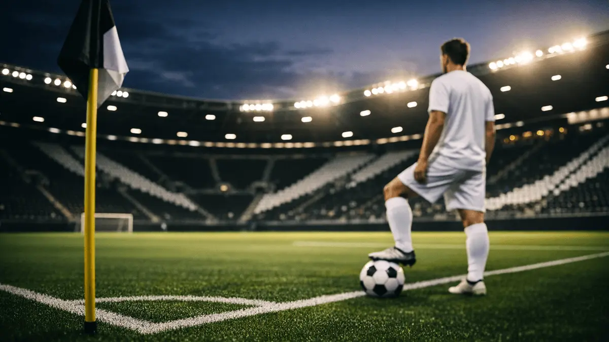 Floodlit stadium corner with white-kit footballer and ball, black and white lighting accents, golden-hour glow.