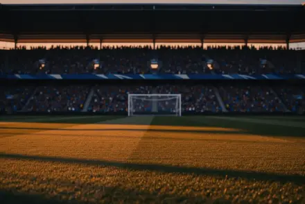 Floodlit stadium pitch at dusk with packed stands and dramatic shadow patterns, golden-hour lighting.