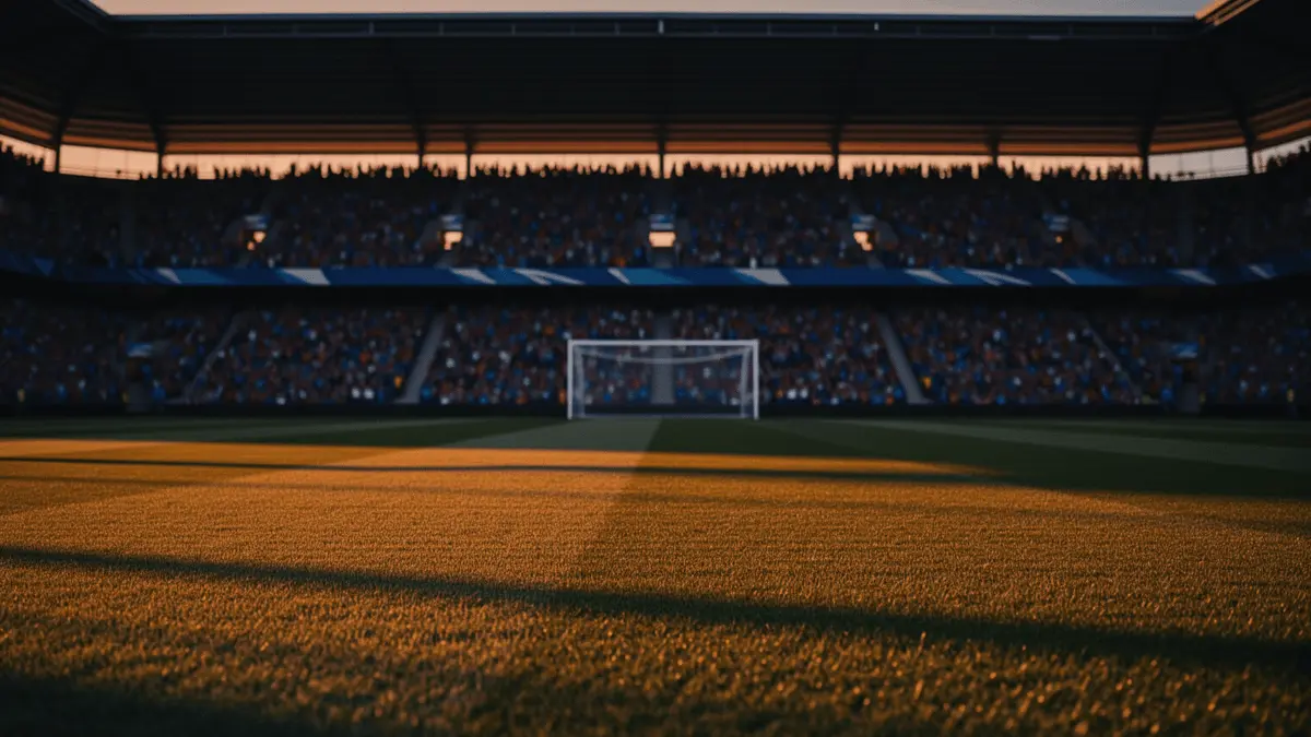 Floodlit stadium pitch at dusk with packed stands and dramatic shadow patterns, golden-hour lighting.