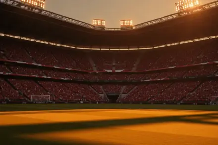 Empty floodlit stadium pitch at golden hour with packed stands, dramatic shadows, and international colour palette.