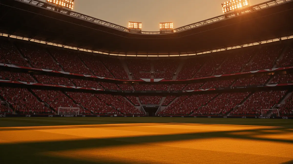 Empty floodlit stadium pitch at golden hour with packed stands, dramatic shadows, and international colour palette.