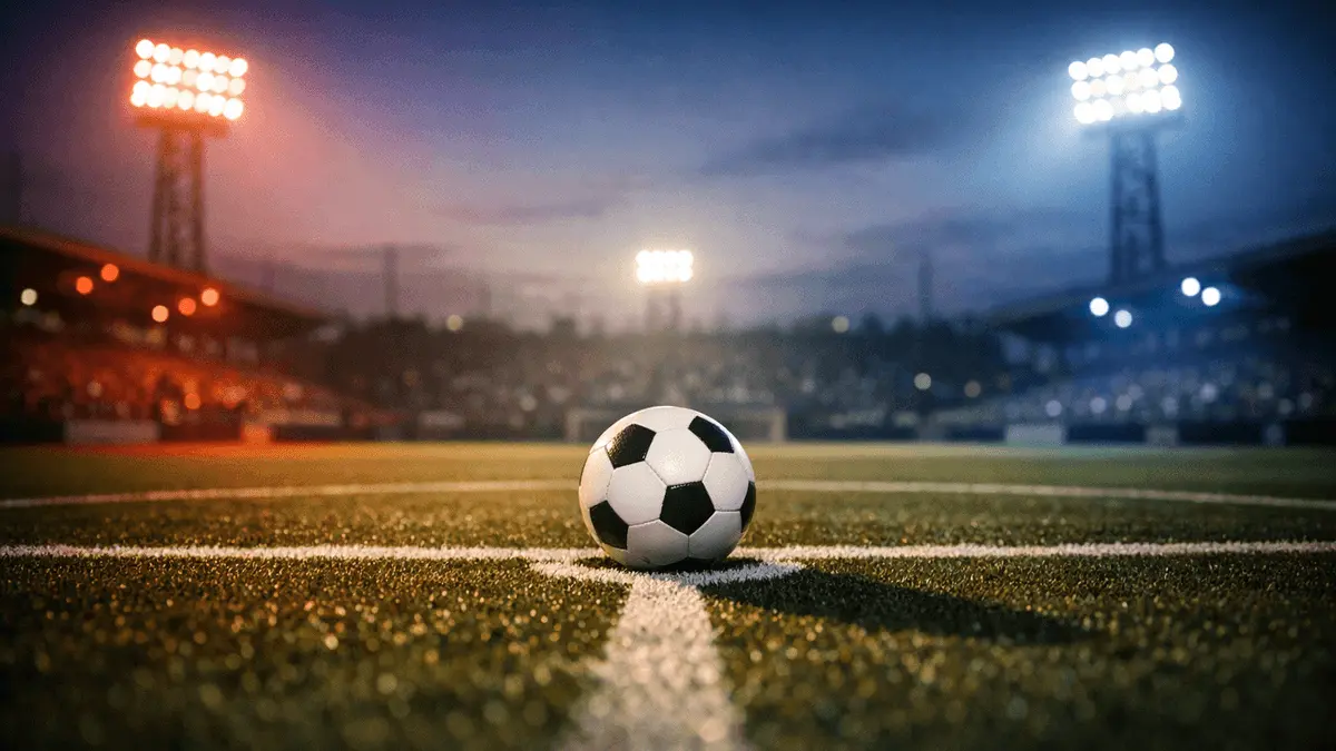 Floodlit football pitch at dusk with match ball on centre spot, red and blue stadium lighting, empty stands in background.