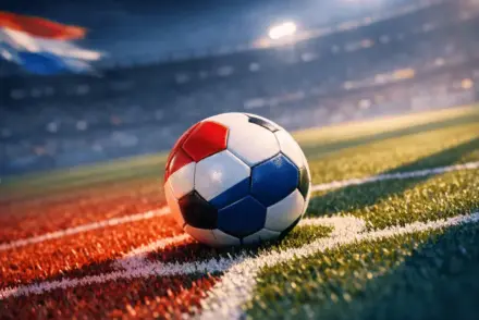 Match ball on centre spot under floodlights with Paraguayan flag-inspired red and blue colour tones in evening stadium light.