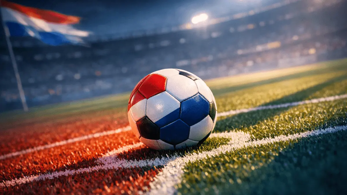 Match ball on centre spot under floodlights with Paraguayan flag-inspired red and blue colour tones in evening stadium light.