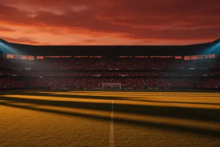 Floodlit stadium at golden hour with packed stands casting angular shadows on the pitch during intense knockout-stage atmosphere.