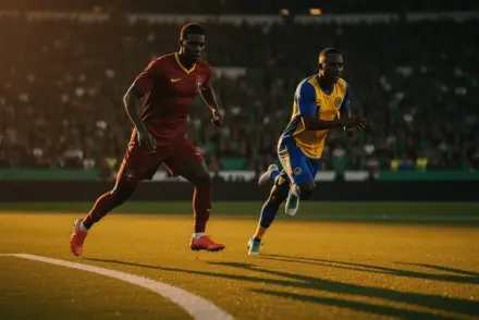Stadium pitch corner flag view at dusk with two players in red and blue-yellow kits sprinting with long shadows cast by floodlights.