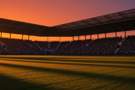 Floodlit stadium pitch at golden-hour evening, packed stands, dramatic shadows, Portugal-Uzbekistan colour palette.