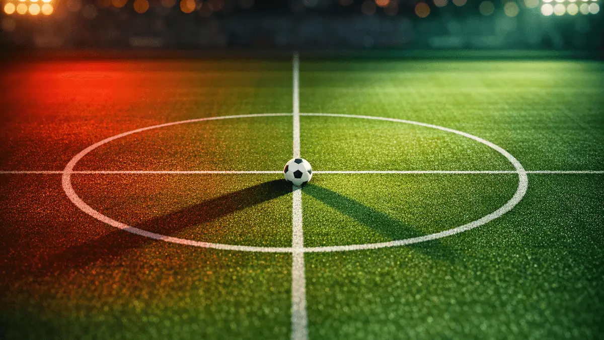 Aerial view of floodlit football pitch at dusk with white ball on centre spot, red and green lighting accents.