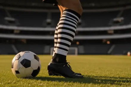 Professional footballer in black and white striped socks standing on stadium turf with football