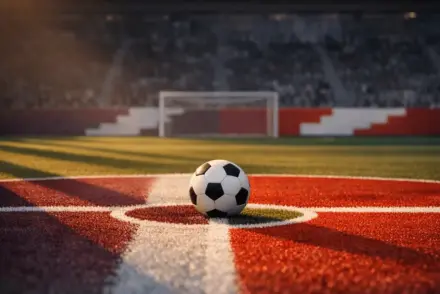 Empty floodlit football pitch with match ball on centre spot, red and white colour accents, evening stadium lighting.