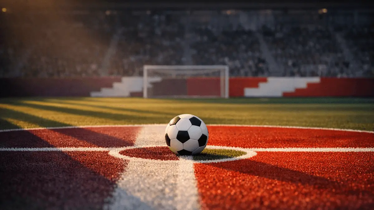 Empty floodlit football pitch with match ball on centre spot, red and white colour accents, evening stadium lighting.