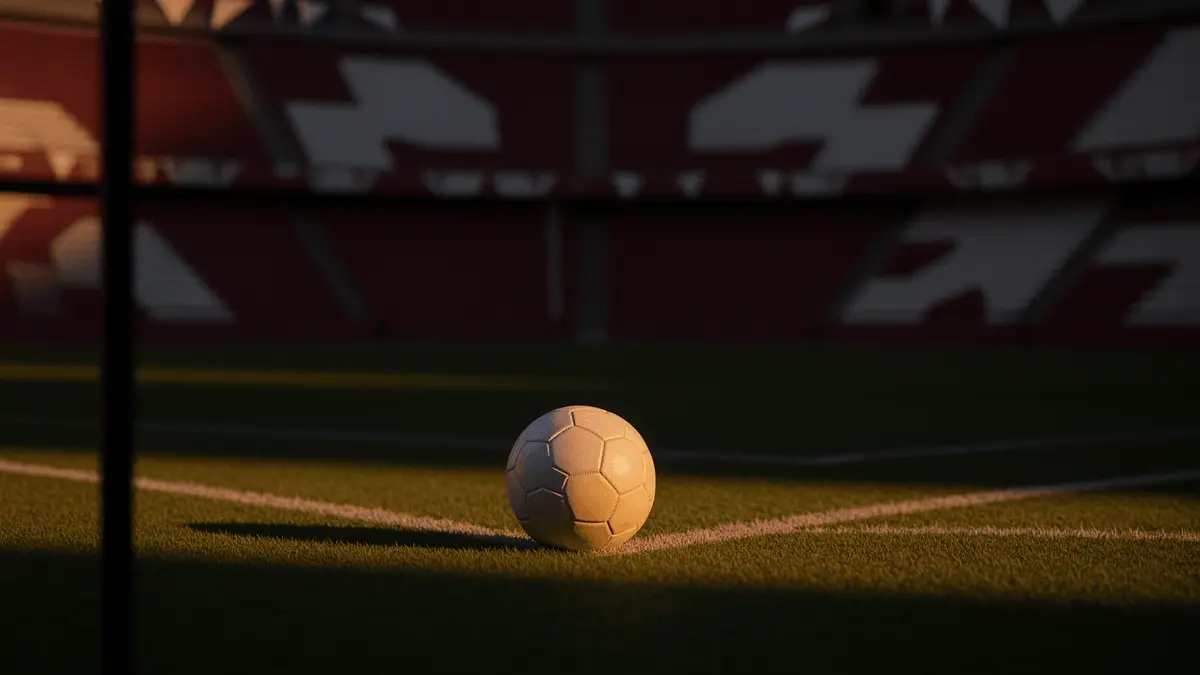 Floodlit football pitch with match ball at penalty spot under spotlight; maroon and white national colours in stand sections; dusk mood.
