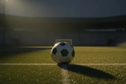 Floodlit football pitch at dusk with ball on penalty spot, emerald and white lighting, stadium silhouettes, calm pre-match atmosphere.