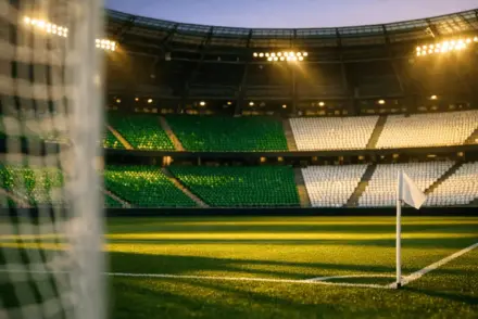 Empty floodlit stadium corner view with green and white seating sections and dramatic spotlight shadows on pitch.