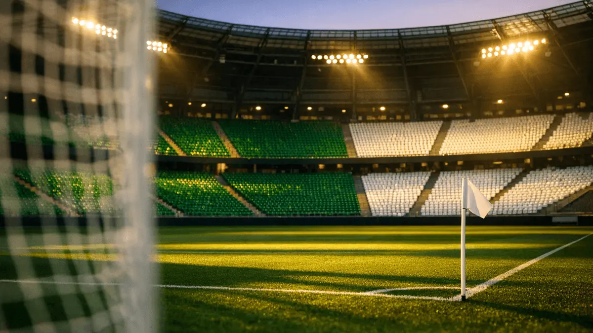 Empty floodlit stadium corner view with green and white seating sections and dramatic spotlight shadows on pitch.