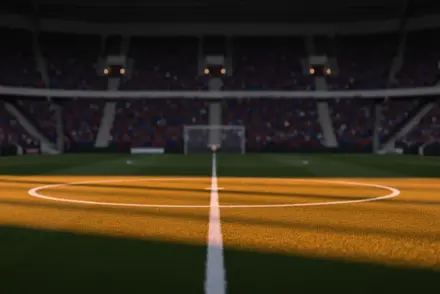 Floodlit stadium pitch with white markings, packed stands, golden-hour lighting, dramatic shadows, shallow depth of field.