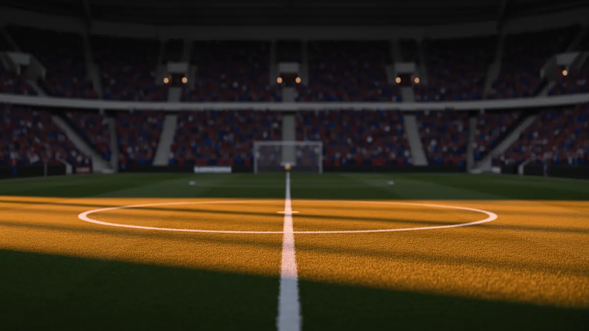 Floodlit stadium pitch with white markings, packed stands, golden-hour lighting, dramatic shadows, shallow depth of field.