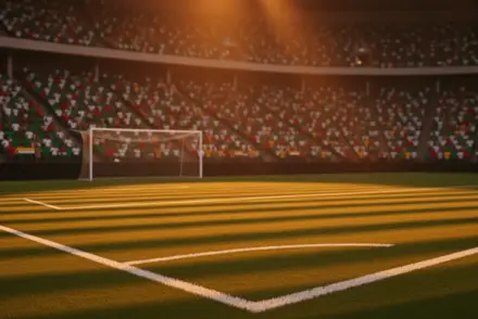Stadium pitch at sunset with packed stands displaying Senegal and Iraq national colours; dramatic floodlighting and shadows.