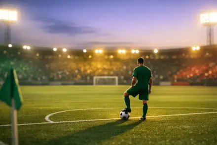 Aerial pitch view at dusk with lone footballer in emerald kit at penalty spot; Senegal colour palette in stadium lighting.