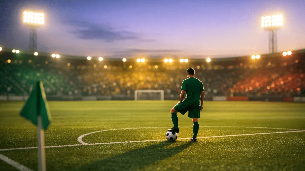 Aerial pitch view at dusk with lone footballer in emerald kit at penalty spot; Senegal colour palette in stadium lighting.