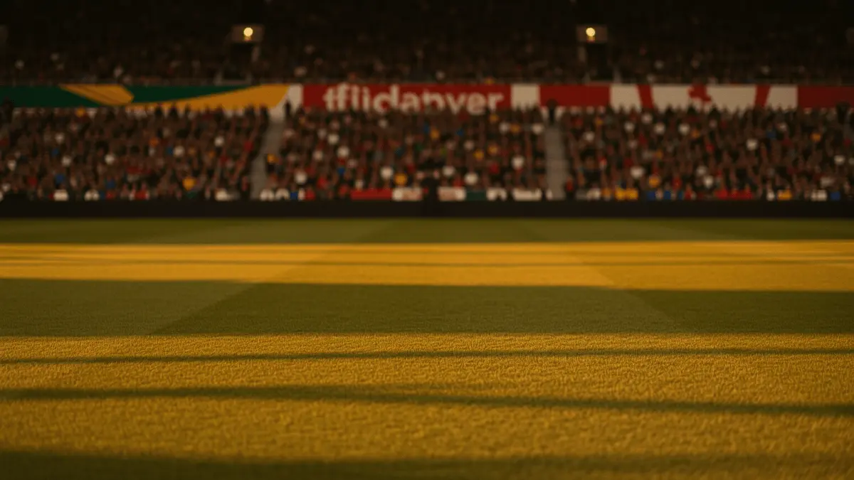 Floodlit football stadium at sunset with packed stands showing South African green and Canadian red colours, dramatic shadows on unmarked pitch, low sideline angle.