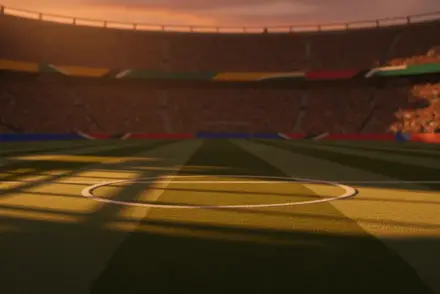 Floodlit stadium at golden hour with dramatic shadows on pitch, packed stands in warm light, no players visible.