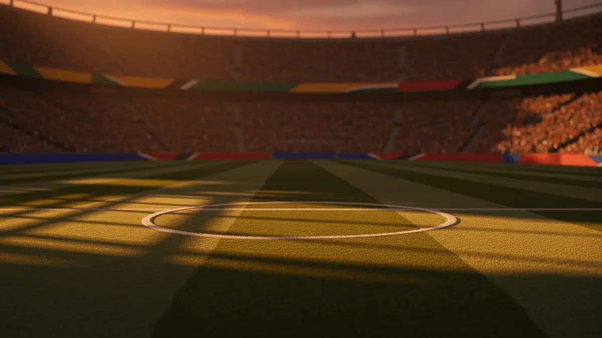 Floodlit stadium at golden hour with dramatic shadows on pitch, packed stands in warm light, no players visible.